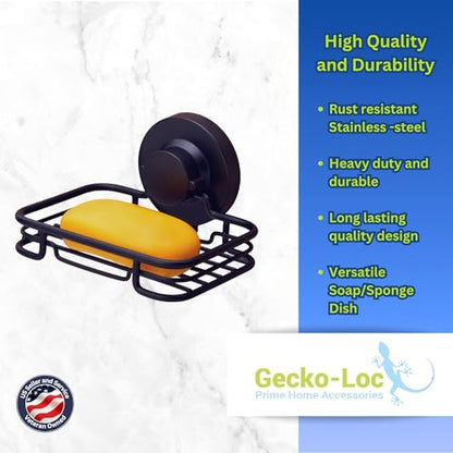 Gecko-Loc Soap Dish Suction mounting Bath soap bar Holder for Bathroom, Metal Bath Shower Bathtub wall Tile or Kitchen Sink soap or Sponge Dishes - Black - color: Black