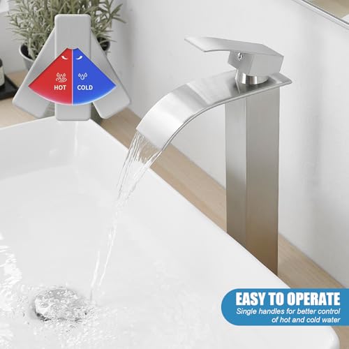 RUMOSE Tall Bathroom Faucet Vessel Sink Faucet with Drain, Brushed Nickel | Modern Single Handle One Hole Bathroom Faucet Waterfall Rv Lavatory Vanity Faucet Mixer Tap, Pop Up Drain, Stainless Steel - color: Brushed Nickel
