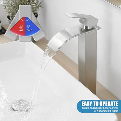 RUMOSE Tall Bathroom Faucet Vessel Sink Faucet with Drain, Brushed Nickel | Modern Single Handle One Hole Bathroom Faucet Waterfall Rv Lavatory Vanity Faucet Mixer Tap, Pop Up Drain, Stainless Steel - color: Brushed Nickel