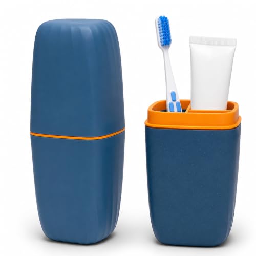Portable Toothbrush Travel Case, 2 in 1 Holder & Rinse Cup with Cover | Portable Large Capacity Holds Toothbrush Toothpaste Comb for Travel Camping - color: Blue