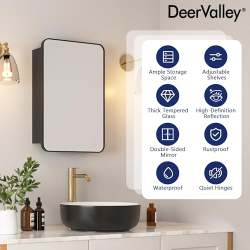 DeerValley 16 x 24 Inch Medicine Cabinet with Mirror, Black Bathroom Mirror Cabinet, Surface Mount, Adjustable Glass Shelves, Aluminum Framed Slow-Closing Door, Dual-Sided Mirrors - size: 16" x 24''