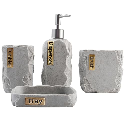 Hymmah Bathroom Accessories Set,Marble Design Toothbrush Holder,Farmhouse Bathroom Decor,4 Pcs Resin Gift Set Apartment Necessities, Contain Toothbrush Cup,Soap Dispenser,Soap Dish,Tumbler - color: Marble Gray