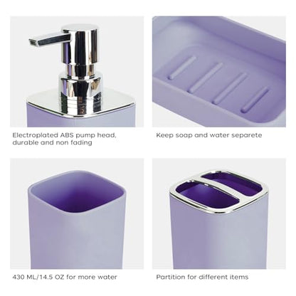 4Pcs Lavender Bathroom Set, Square Boho Soap & Toothbrush Holder Set | Thick shatterproof ABS, electroplated rust-proof pump, drip-free, multi-slot holder, dustproof lids, easy-clean - color: Lavender, size: 4PCS