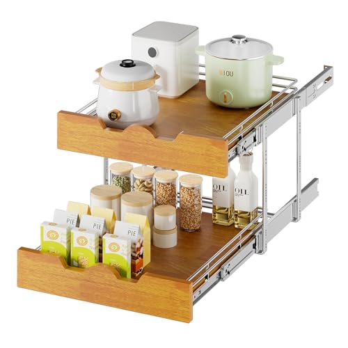 DINDON 2 Tier Pull Out Cabinet Organizer (17" W x 21" D) Slide Out Wood Shelf Double Tier Kitchen Wire Basket With Chrome Finish… - size: 17'' W X 21'' D