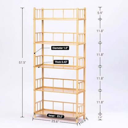 5-Tier Expandable Freestanding Open Bamboo Book Shelf - No-Tool Assembly & Modular,Bathroom Storage Shelf Unit Plant Stand for Small Space, Bedroom, Living Room, Home Office (Natural, 5-Tier WithRail) - color: Natural 5-tier-2