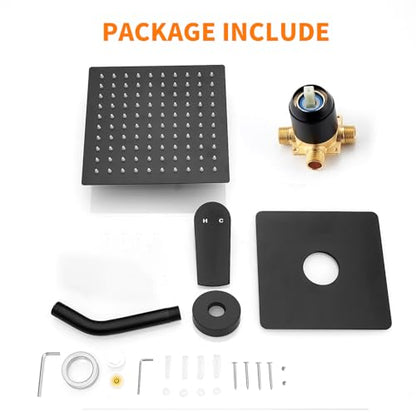 Black Shower Faucet Single Function Trim Kit with Rough-in Valve Set Bath Rainfall Shower System 8inch Square Stainless Steel Metal Shower Head - color: Matte Black