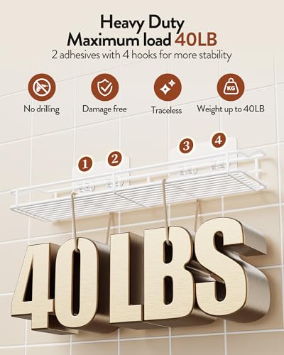 Orimade Bathroom Shelf Organizer Shower Caddy Storage Kitchen Rack with Traceless Transparent Adhesive No Drilling SUS304 Stainless Steel, 15.75inch, White - color: White