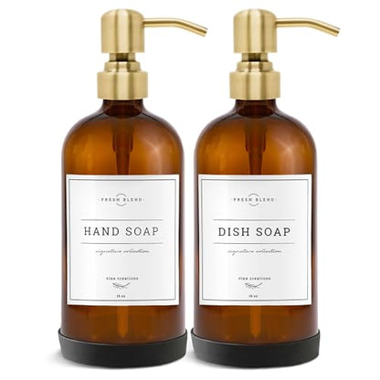 Vine Creations Amber Glass Soap Dispenser, 2 Pack Kitchen Soap Dispenser Set with Stainless Steel Pump, 16 oz Hand Soap and Dish Soap Dispensers for Kitchen or Bathroom with Waterproof Labels - color: Amber Bottle / Brushed Gold Pump