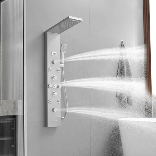BWE Shower Panel Tower System with Rainfall Waterfall Head | Adjustable Massage Body Jets, Temperature Display Wall Mount Shower Column, Stainless Steel Brushed Nickel and Chrome