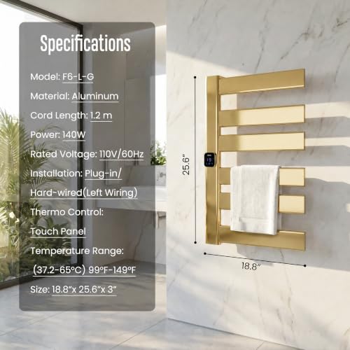 Towel Warmer, Heated Towel Rack with Built-in Timer and Temperature Control,Hard-Wired(Left-Wiring)/Plug-in Wall-Mounted Towel Rail, Aluminum, 18.8" W X 25.6" H, Gold - color: Gold, size: 18.8"L x 25.6"H