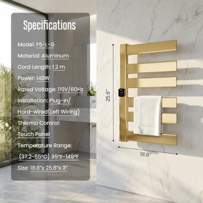Towel Warmer, Heated Towel Rack with Built-in Timer and Temperature Control,Hard-Wired(Left-Wiring)/Plug-in Wall-Mounted Towel Rail, Aluminum, 18.8" W X 25.6" H, Gold - color: Gold, size: 18.8"L x 25.6"H