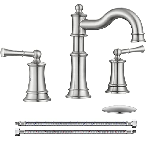 Roman Bathroom Sink Faucet Deck Mount or Wall Mount Installation Pop-up Drain Assembly with Overflow Deck Plate and Water Supply Lines Included (3 Hole Deck Mount, Brushed Nickel) - color: Brushed Nickel, style: 3 Hole Deck Mount
