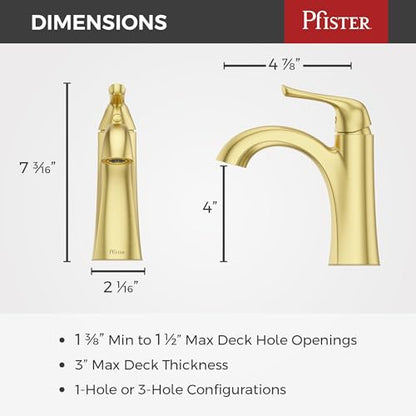 Pfister Willa Bathroom Sink Faucet Single Handle 1 Hole Brushed Gold Vanity Faucet with Push & Seal Drain NSF Certified WaterSense Compliant TiteSeal Technology LF042MALBG - color: Brushed Gold, size: 1 Pack