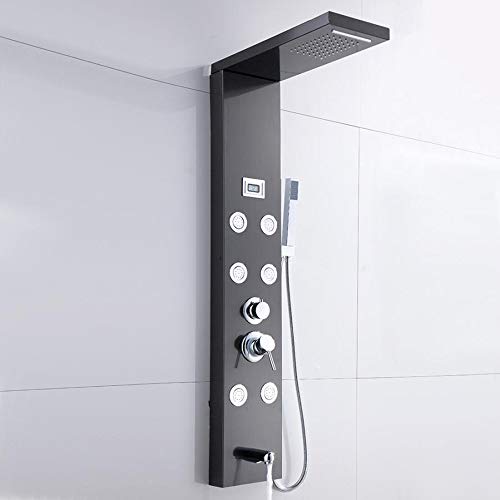 Black Shower Panel System Digital Display Shower Panel Tower Multifunction Stainless Steel Shower System with Rain Shower Head, Handheld Sprayer, Massage Body Jets, Tub Spout
