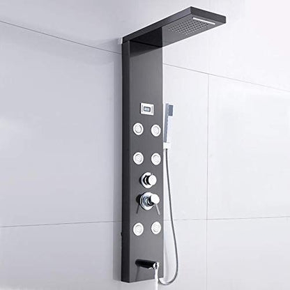 Black Shower Panel System Digital Display Shower Panel Tower Multifunction Stainless Steel Shower System with Rain Shower Head, Handheld Sprayer, Massage Body Jets, Tub Spout