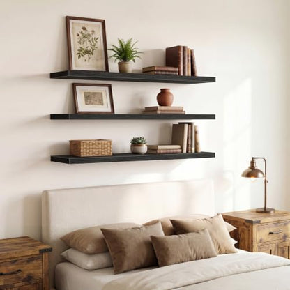 QEEIG 12" Deep Floating Shelves for Wall - 12 x 48 inch Book Shelf Bathroom Bedroom Kitchen Living Room Hanging Bookshelf Farmhouse Set of 3, Black (026-120B3) - color: B. Black, size: 47.2" x 12"