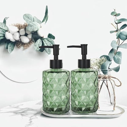 Clear Green Glass Soap Dispenser with Pump, 12oz Diamond Design Hand Soap Dispenser, Refillable Lotion Dispenser & Dish for Dishwashing Liquid, Shower Gel - color: Diamond Green