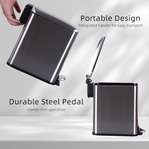 Small Bathroom Trash Can with Lid, 5 Liter/1.3 Gallon Stainless Steel Small Garbage Can with Removable Inner Bucket & Soft-Close Foot Pedal, Slim Trash Can for Bathroom, Bedroom, Office (Silver) - color: Silver, size: 1 Pack