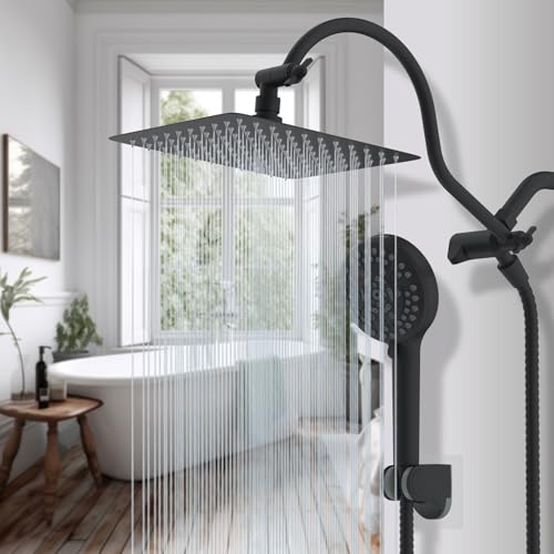 Hibbent All Metal High Pressure Rainfall 10'' Shower Head, CUPC Certified Handheld Showerhead Combo, 12'' Adjustable Shower Extension Arm, 10-Spray, 71'' Hose, Adhesive Showerhead Holder, Matte Black - color: Matte Black, style: Square 10''