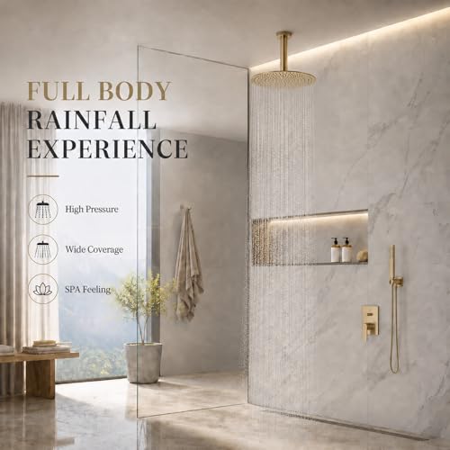 12 Inch Round Rainfall Shower Head, High Pressure Overhead Shower Heads, Wall Ceiling Mounted Ultra Thin Stainless Steel Shower Head, Brushed Gold - color: Brushed Gold, size: 12-Inches, style: Round