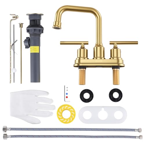 WOWOW Brushed Gold Bathroom Faucet 4 inch Bathroom Sink Faucet 3 Hole RV Sink Tap 2 Handle Vanity Taps with Drain Assembly Centerset Lavatory Mixer 360-Degree Swivel Spout - color: Brushed Gold, style: Centerset - 4 Inch
