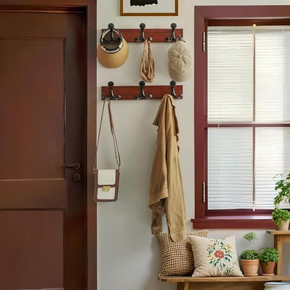 WEBI Coat Rack Wall Mount,17" Solid Wood Coat Hooks Wall Mounted Coat Hanger,16" Hole to Hole,Heavy Duty Hook Rack Rail,3 Triple Hooks for Hanging Coats,Jacket,Clothes,Hat,Backpack,Cherry - color: Cherry, size: 17 Inch