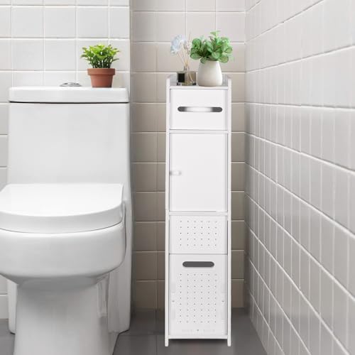 ShellKingdom Toilet Paper Holder Stand with Trash Can, Slim Bathroom Storage Cabinet Shelves, Storage Cabinet for Bathroom Small Spaces, 33.5 x 8.7 x 6.7 inch