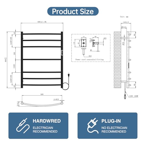 Electric Stainless Steel Warmer Rack Heated Towel Rack with 2 Hooks, Build-in Timer Temperature Adjustable Plug-in/Hardwired Hooks Hot Towel Rack for Bathroom Spa Gym Hotel (Black, 7-Bar) - color: Black, size: 7-Bar