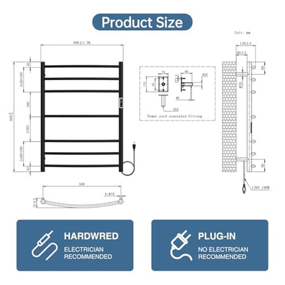 Electric Stainless Steel Warmer Rack Heated Towel Rack with 2 Hooks, Build-in Timer Temperature Adjustable Plug-in/Hardwired Hooks Hot Towel Rack for Bathroom Spa Gym Hotel (Black, 7-Bar) - color: Black, size: 7-Bar
