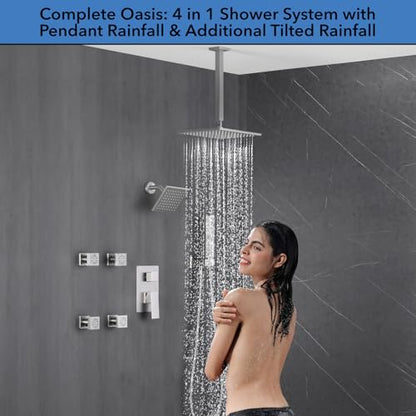 VANFOXLE Shower System, Brushed Nickel Shower Faucet Set, Four Modes | 10 Inch Ceiling Mount Head Increased Thick, 6 Inch Second Head, 2-in-1 Handheld Combo, 4 PCS Dual Mode Body Jets, Brass Valve - color: Brushed Nickel