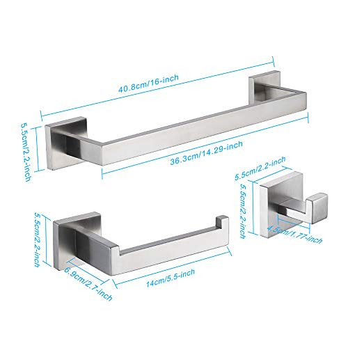 TASTOS 3-Piece Bathroom Hardware Set Brushed Nickel Wall Mounted Bathroom Accessory Set, Premium Stainless Steel Robe Hook Toilet Paper Holder 16-Inch Towel Bar (Silver) - color: Brushed