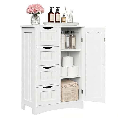 ZENY Bathroom Floor Storage Cabinet, Side Storage Organizer with 4 Drawers and 1 Cupboard, Adjustable Shelf Freestanding Entryway Storage Unit for Living Room/Bathroom (White) - color: White
