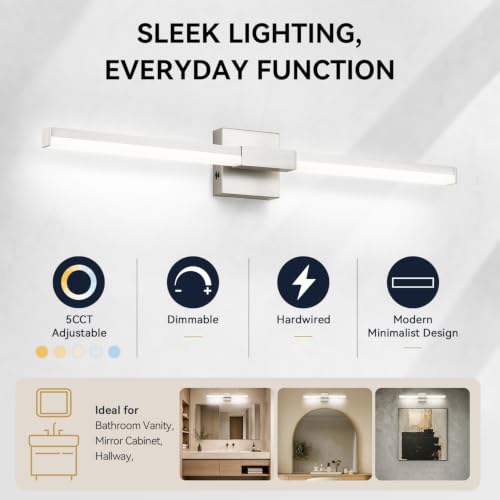 SOLFART Bathroom Vanity Light 32-Inch: Brushed Nickel LED Bar Dimmable 5 Color Temperature 360 Degree Rotation Bathroom Light Fixtures ETL IP44 - color: Brushed Nickel-5CCT, 5-Step Brightness Control, size: 32 inch