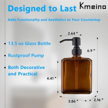 Amber Soap Dispenser Square Bottle and Black Pump, Glass Dish Soap Dispense, Refillable Hand Soap Dispenser with Stainless Steel Pump, 13.5 oz Lotion Dispenser for Bathroom, Kitchen Countertop - color: Amber Bottle With Black Pump, size: 13.5oz-Square