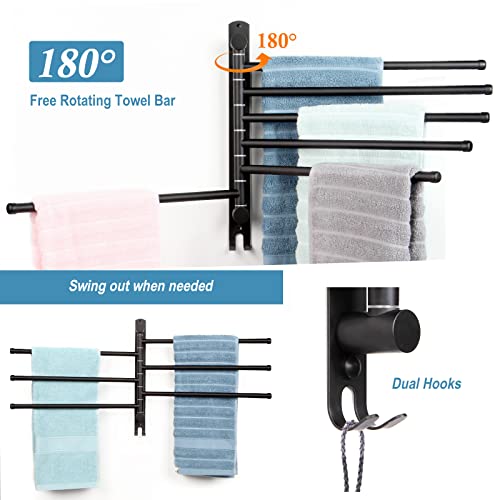 6-Arm Swivel Towel Rack - 180° Rotating Wall Mounted - 304 Stainless Steel Rustproof - Heavy Duty Space Saving for Bathroom Kitchen Laundry Room (Matte Black) - color: Black, size: 6 Arms