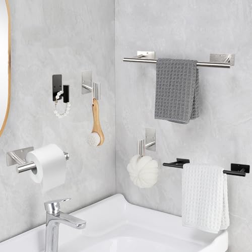 5 PCS Self Adhesive Bathroom Hardware Set,Stainless Steel Towel Rack Set Include 16In Bath Towel Bar+Toilet Paper Holder+3 Towel/Robe Hooks Wall Mounted Bathroom Accessory Kit(Brushed Nickel) - color: Brushed Nickel, size: 16 In-5 Pcs