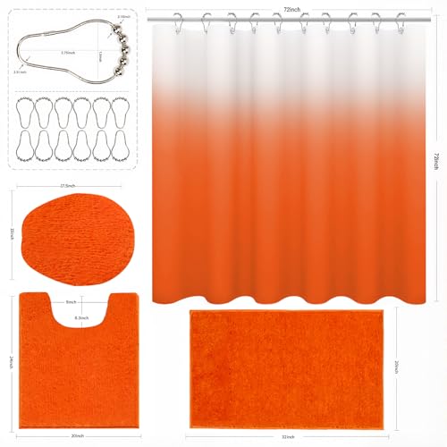 Shower Curtain Sets with Rugs and Adjustable Toilet Seat Cover | 4 Pcs Orange Bathroom Sets with Shower Curtain and Rugs and Microfiber Toilet Lid Cover - color: Orange