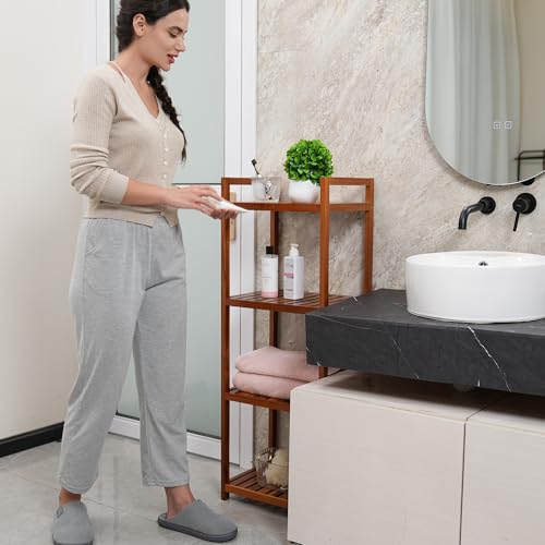 Utoplike Teak Wood Bathroom Shelf Organizer Stand, Standing Shower Caddy | Freestanding 4 Tier Bath Storage for Floor, Kitchen, Office
