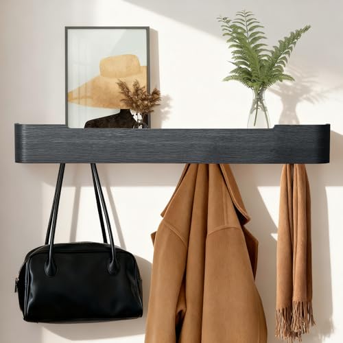 Coat Rack Wall Mount with Shelf Entryway Shelf Modern Key Holder Hanger Wall Shelves with Hidden Hooks for Hanging Towels Coats Hats Bags for Hallway Bathroom Bedroom(Black, 8 Hooks) - color: Black, size: 8 hooks