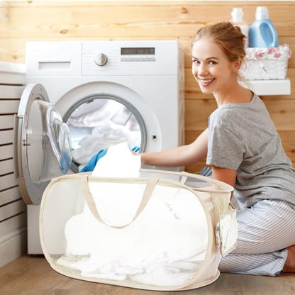 4 Pcs Durable Collapsible Laundry Baskets, Foldable Large Opening Pop Up Laundry Hamper with Pocket, Clothes Hamper with Handles for Laundry, Bathroom, Kids Room, Dorm or Travel Beige - color: 4 x Beige