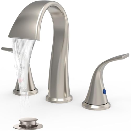 Bathroom Faucets 3 Hole Bathroom Sink Faucet with Pop Up Drain and Water Supply Hoses 8 Inch Waterfall Bathroom Faucet Two Handles for Vanity,Lavatory,Restroom,Commercial,Brushed Nickel - color: Brushed Nickel