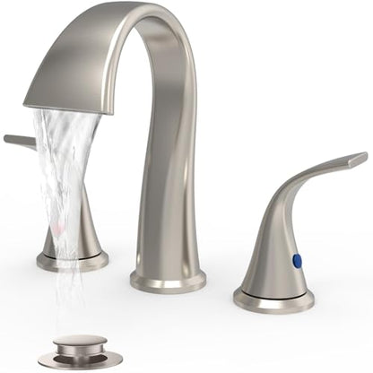 Bathroom Faucets 3 Hole Bathroom Sink Faucet with Pop Up Drain and Water Supply Hoses 8 Inch Waterfall Bathroom Faucet Two Handles for Vanity,Lavatory,Restroom,Commercial,Brushed Nickel - color: Brushed Nickel
