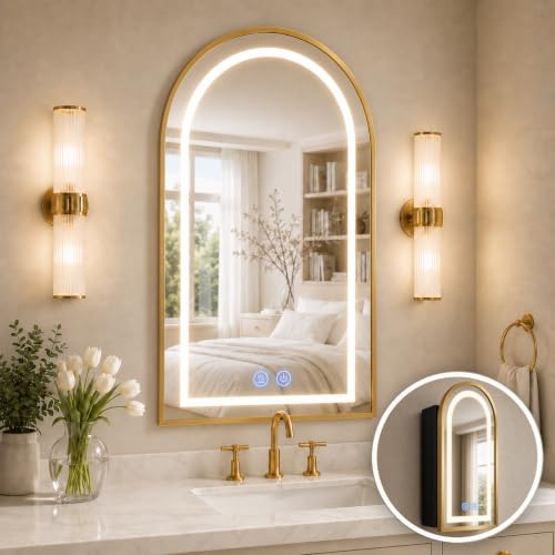 Arched Medicine Cabinet with LED, Lighted Bathroom Medicine Cabinet Mirror with Anti-Fog, No Assembly Required, Recessed or Surface Mount (Gold, 31.5" H x 19.7" W) - color: Gold, size: 31.5"H x 19.7"W