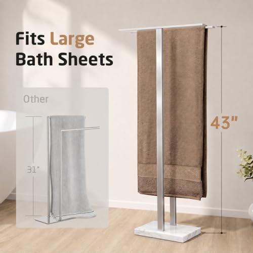 KES 43'' H Standing Towel Rack for Bathroom, Weighted Marble Base | Fits Large Bath Sheet, Freestanding Floor, 2-Tier, Outdoor, Extra High, Thick 18/8 Stainless Steel Brushed Finish, BTH232-2