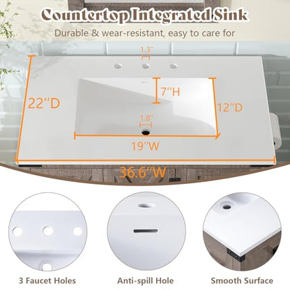 AMERLIFE 36" Gray Farmhouse Bathroom Vanity with Sink and 2 Drawers | Light Gray, Single Solid White Integrated Top, Moisture-Resistant MDF, 2 X-Panel Doors, 2 Drawers, Open Shelf, Towel Holder - color: Light Gray, size: 36”