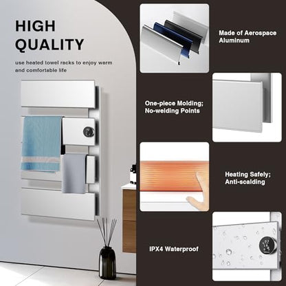 K&KALONZO Electric Towel Warmer Wall Mounted, Fast Heat in 2 Min, NTC Safety | 5 Timers & 3 Heat Levels Control, 2H Rapid Dry, Plug-In/Hardwired, Anti-Scald, Aluminum Heated Towel Rack for Bathroom, K4RS - color: Silver, size: 4-Bar