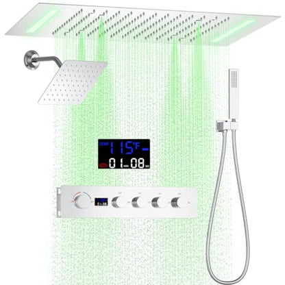 Bathroom Shower System,4 Functions Digital Temperature Display Diverter Valve,Ceiling 14x20" 2-Function Shower Head and 8 inch Wall Mounted Shower Head Combo,Handheld Shower Chrome - color: Chrome