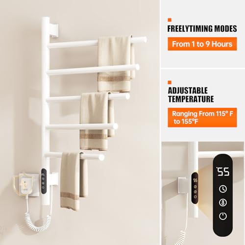 Heated Towel Racks for Bathroom, 180° Swivel Electric Towel Warmer Rack with Touch Panel, Multi-Level Timer & Temperature Adjustments, Wall Mounted 5 Bars Hot Towel Rack (White-01) - color: White, size: G63