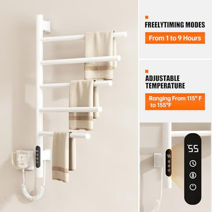 Heated Towel Racks for Bathroom, 180° Swivel Electric Towel Warmer Rack with Touch Panel, Multi-Level Timer & Temperature Adjustments, Wall Mounted 5 Bars Hot Towel Rack (White-01) - color: White, size: G63