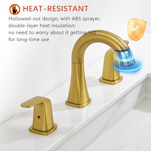 Gold Bathroom Faucet with Sprayer - Brushed Gold Faucets for Sink 3 Holes, Bathroom Pull Down Faucet, 2 Handles 8 Inch Widespread Vanity Faucet with Pull Out Sprayer & Pop-up Drain - color: Brushed Gold